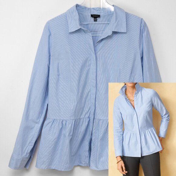 Talbots Tops - Talbots Peplum Shirt Button Front Micro Stripe Long Sleeve Blue White Large